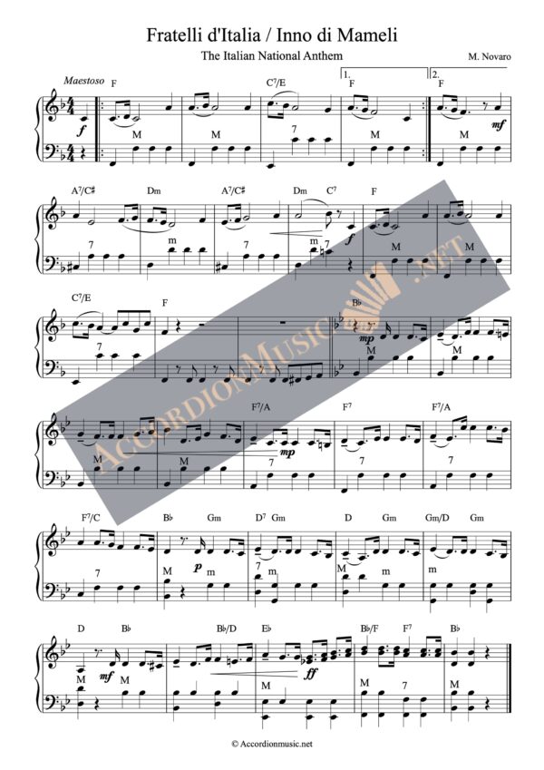 The national anthem of Italy - Fratelli d'Italia aka Inno di Mameli. Accordion arrangement.