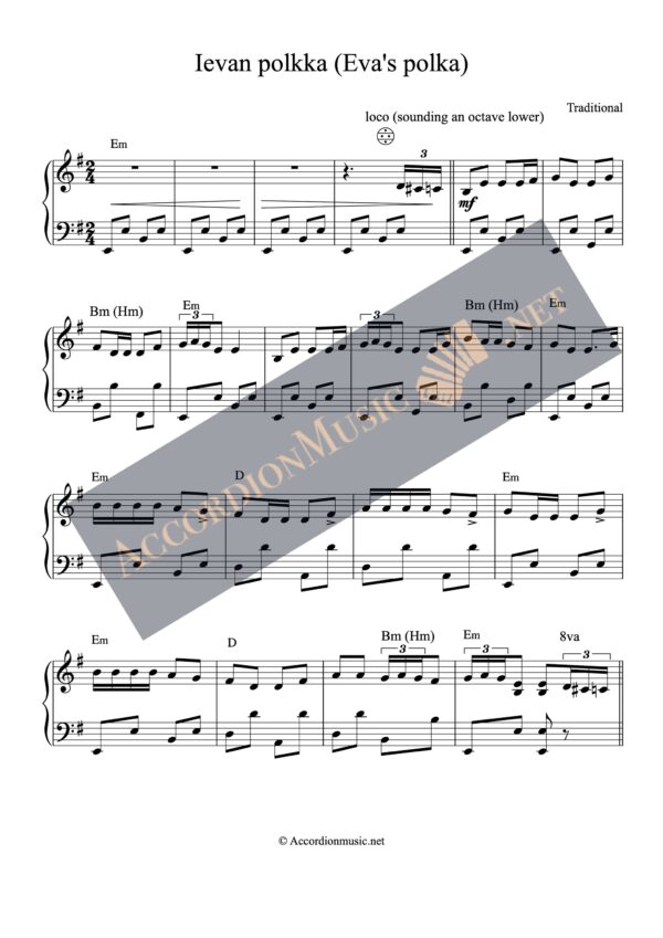 Accordion sheet music to Ievan polkka (Ieva's polka) aka Ellin polkka