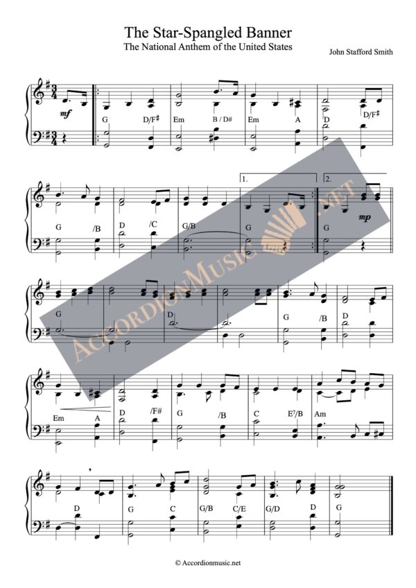 Accordion sheet music to the Star-Spangled Banner - US national anthem