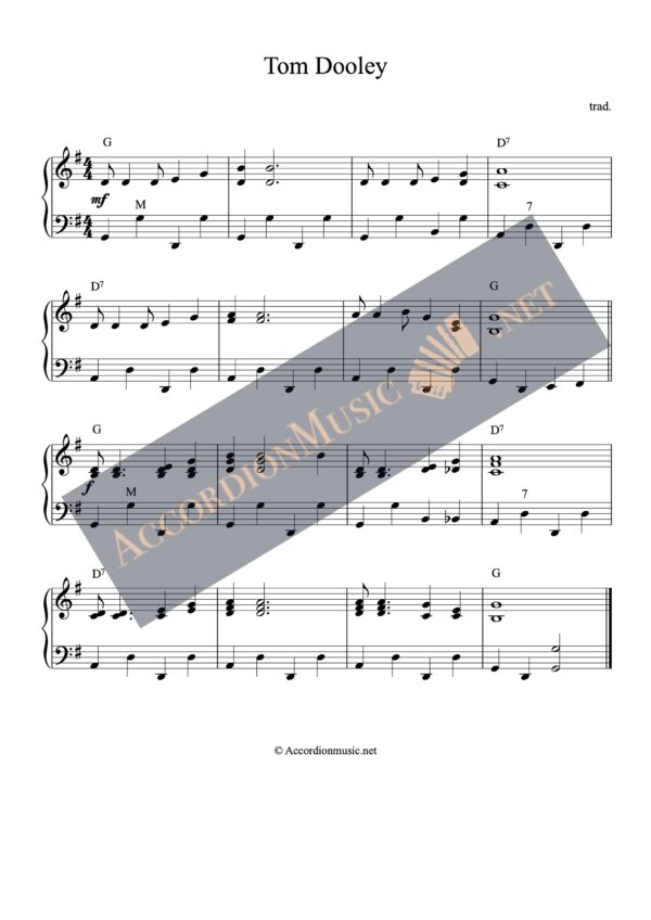 Accordion sheet music arrangement of Tom Dooley