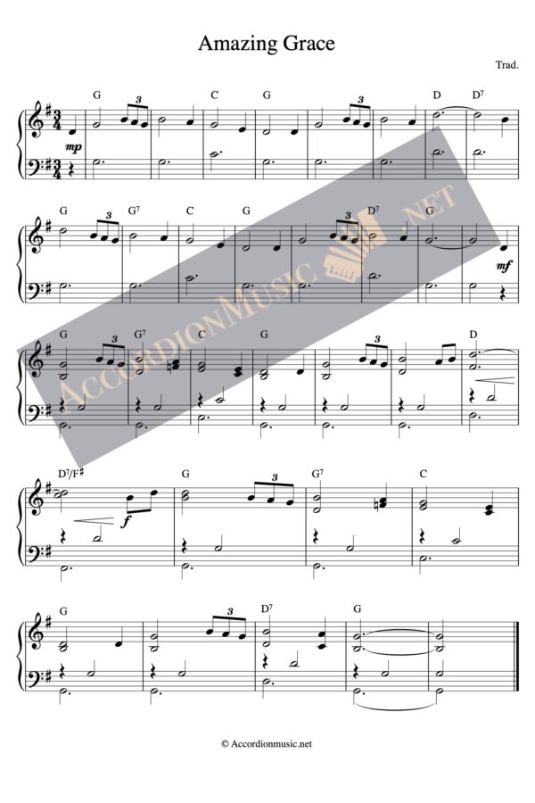 Amazing Grace - accordion arrangement sheet music