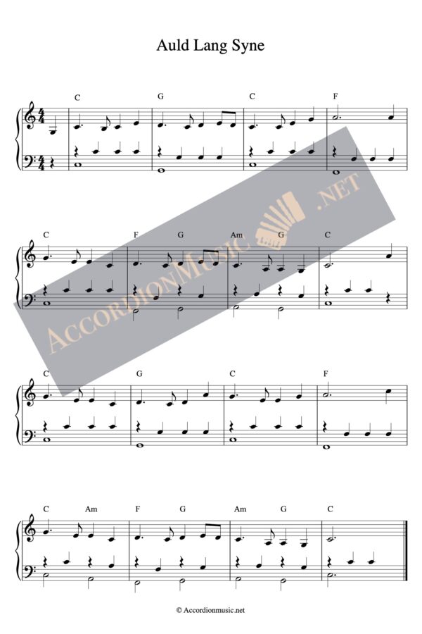 Accordion arrangement sheet music to Auld Lang Syne