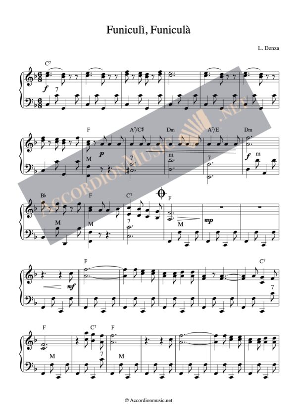 Sheet music for the accordion of Funiculi, Funicula, naepolitan song
