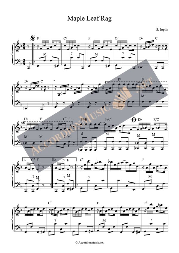 Sheet music to the Maple Leaf Rag by Scott Joplin as accordion arrangement