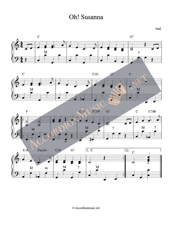 Accordion score of Oh! Susanna by Foster. Easy arrangement.