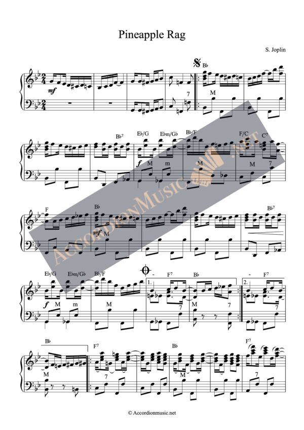 Pineapple Rag by Scott Joplin - accordion arrangement sheet music