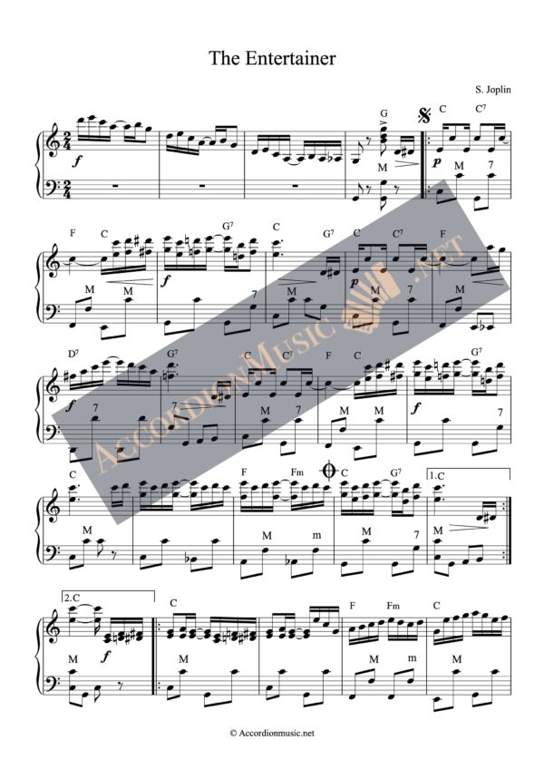 Accordion sheet music of The Entertainer by Scott Joplin