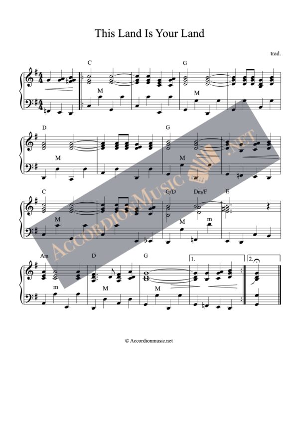 Accordion arrangement of This Land Is Your Land, American folk song.